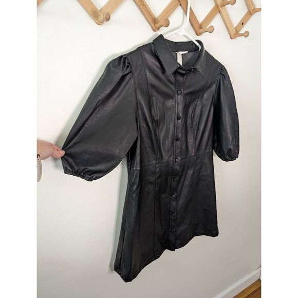 H&M Faux Black Leather Button Down Front Puff Sleeves Dress - Size 10P - Picture 2 of 6